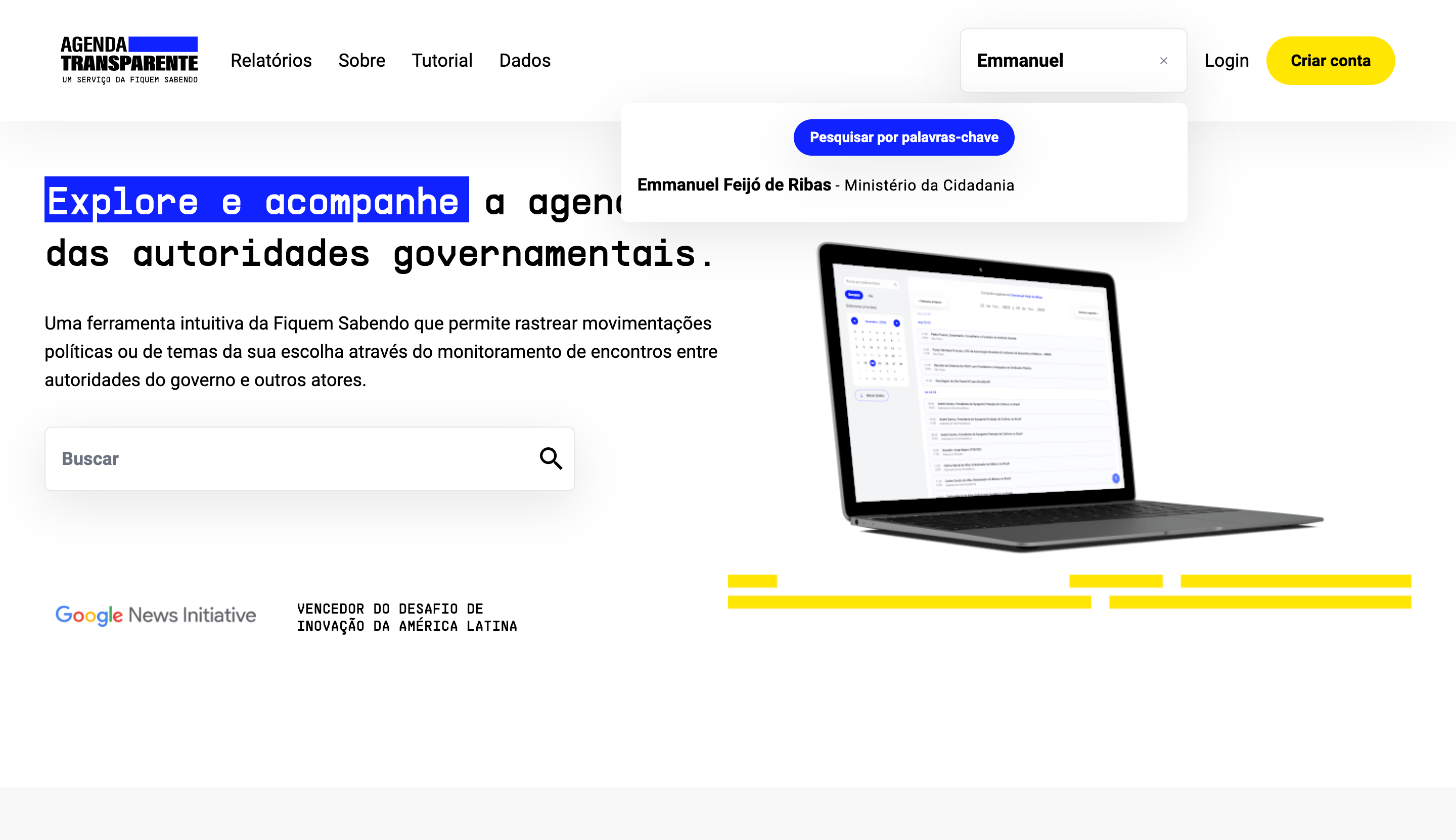Campo de busca no topo do site com o nome 'Emmanuel Feijó de Ribas' digitado e a lista de sugestões de autocompletar aparecendo abaixo