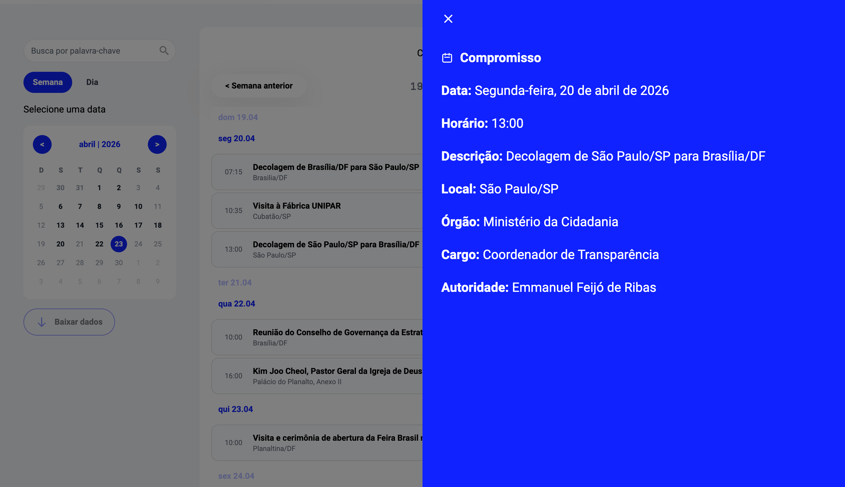 Detalhes de um compromisso da agenda de 'Emmanuel Feijó de Ribas' abertos em um painel lateral, mostrando horário, pauta e participantes