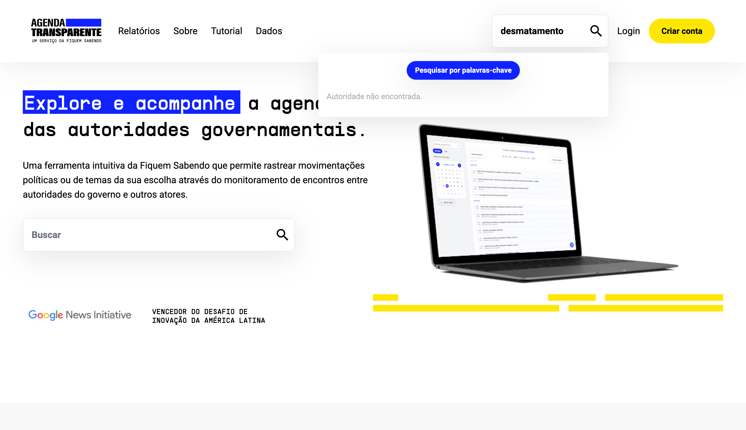 Lista de sugestões do campo de busca exibindo o botão 'Pesquisar por palavras-chave' em destaque